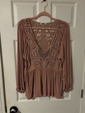 gimmicks by BKE Crochet-Trim V-Neck Tunic in Dusty Rose
